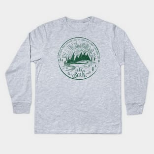 And Into The Forest I Go.... nature love John Muir quote, distressed art Kids Long Sleeve T-Shirt
